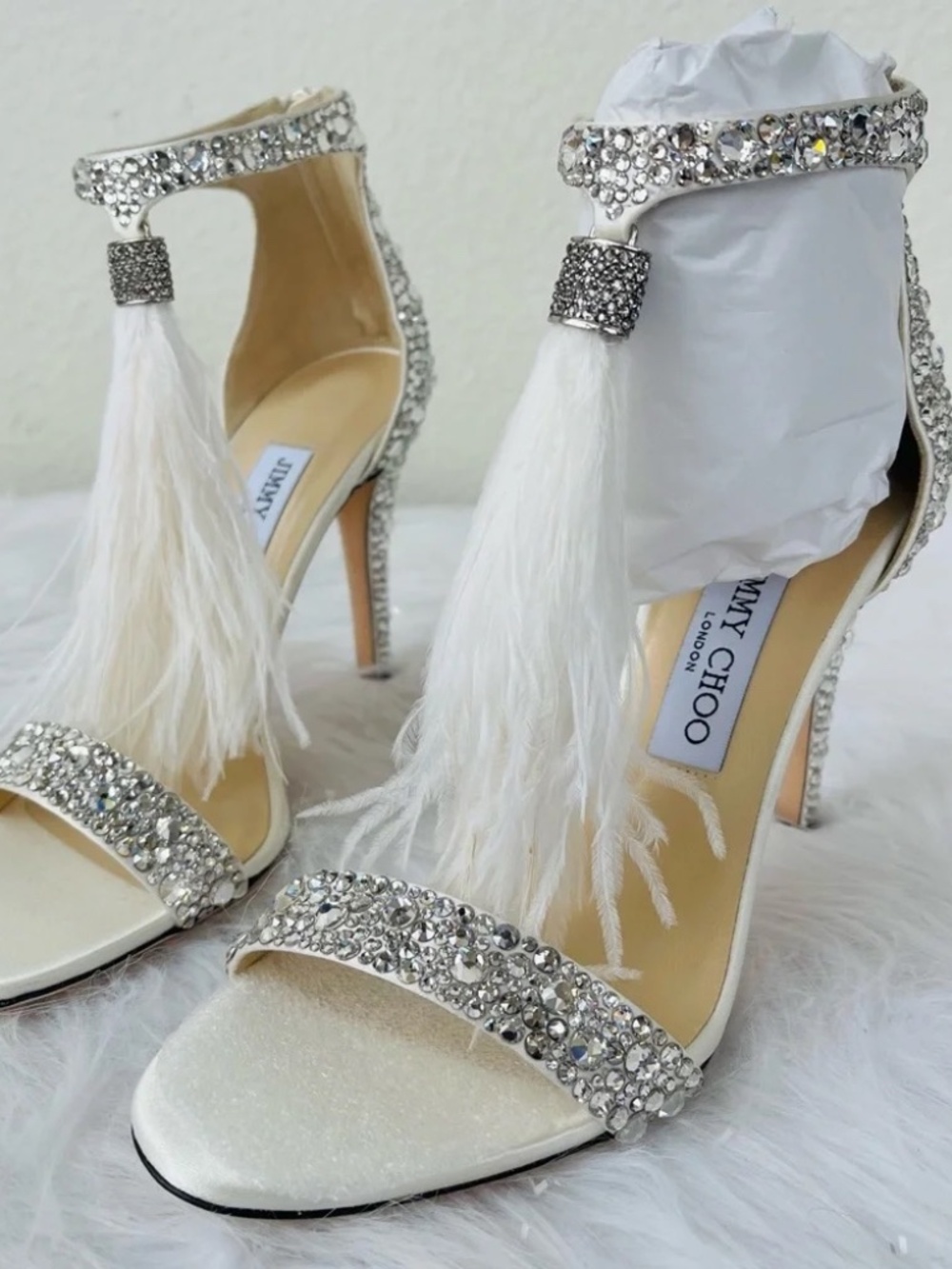 NIB jimmy choo viola 100 38 sxv | 184 white/crystal mix satin w/ ostrich feather